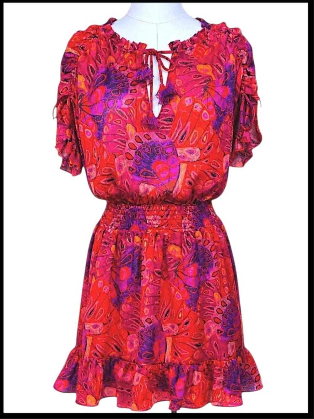 MISA Los Angeles Dominique Mini Dress Red Pink Smocked Ruffle XL - Picture 2 of 9